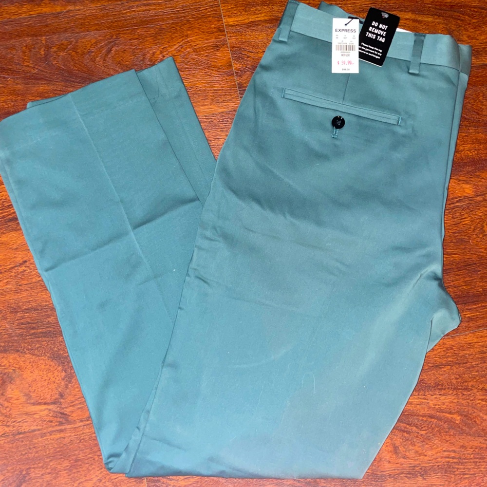 Express Teal Pants: Slim Teal Solid Cotton-Blend Performance Suit Pant